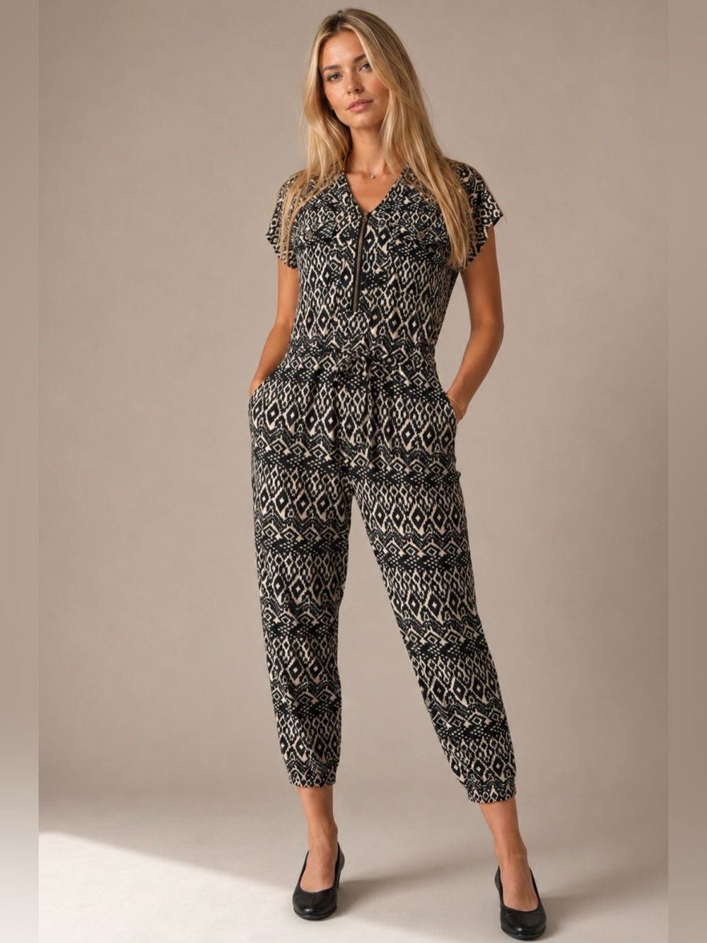 Corey Lynn Calter (Anthro) Black & White Ikat Patterned Jumpsuit - Pockets - MP